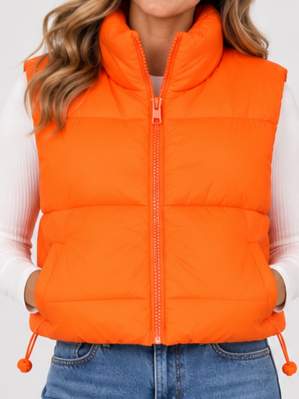 Puffer Vest Bright Orange Waist Length Pockets Drawstring Waist